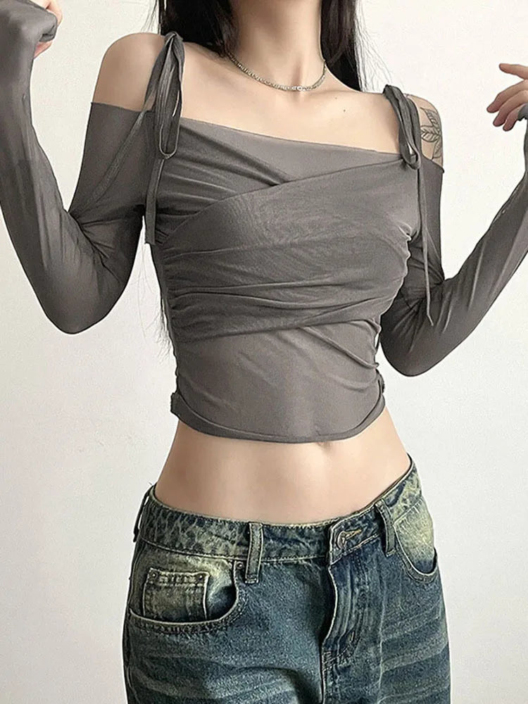 Women's Y2K Streetwear Solid Slash Neck Crop Top Sexy Off-Shoulder Long Sleeve Slim Mesh Tee Straps T-Shirt