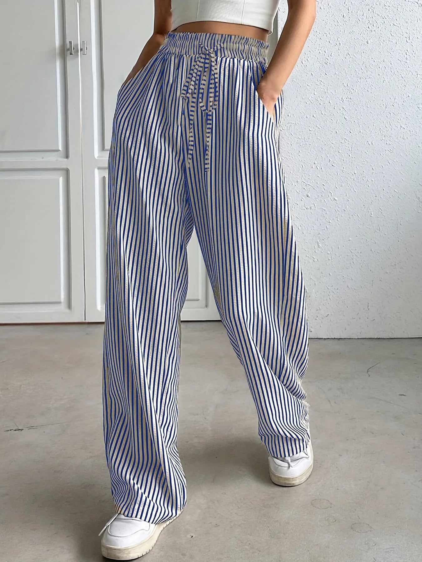 Women's Striped Wide Leg Pants Elastic High Waist Drawstring Pants Loose Casual Spring Summer Loungewear Palazzo Trousers