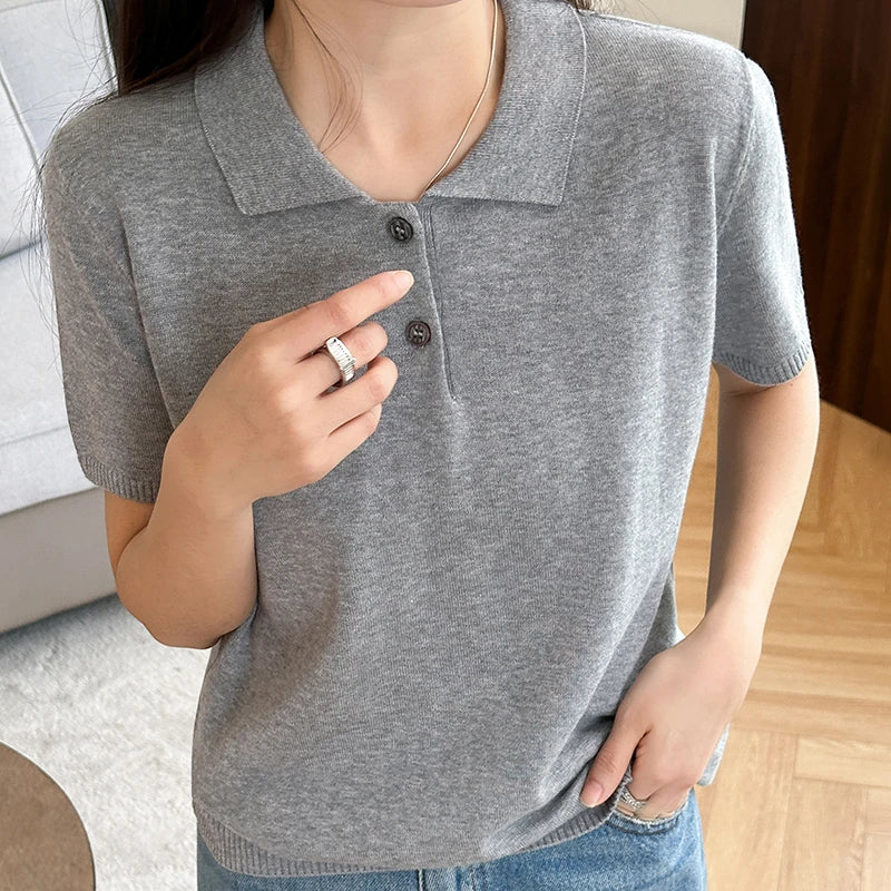 Summer 100% pure cotton women's T-shirt casual solid color knitted pullover short sleeved loose POLO collar Tees Pull vest Tops