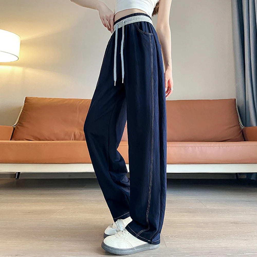 Women's pants 2026 new style simple splicing waist casual wide leg pants loose solid color pants tied elastic straight leg pants