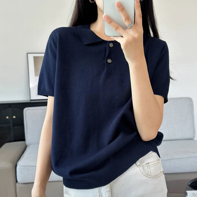 Summer 100% pure cotton women's T-shirt casual solid color knitted pullover short sleeved loose POLO collar Tees Pull vest Tops