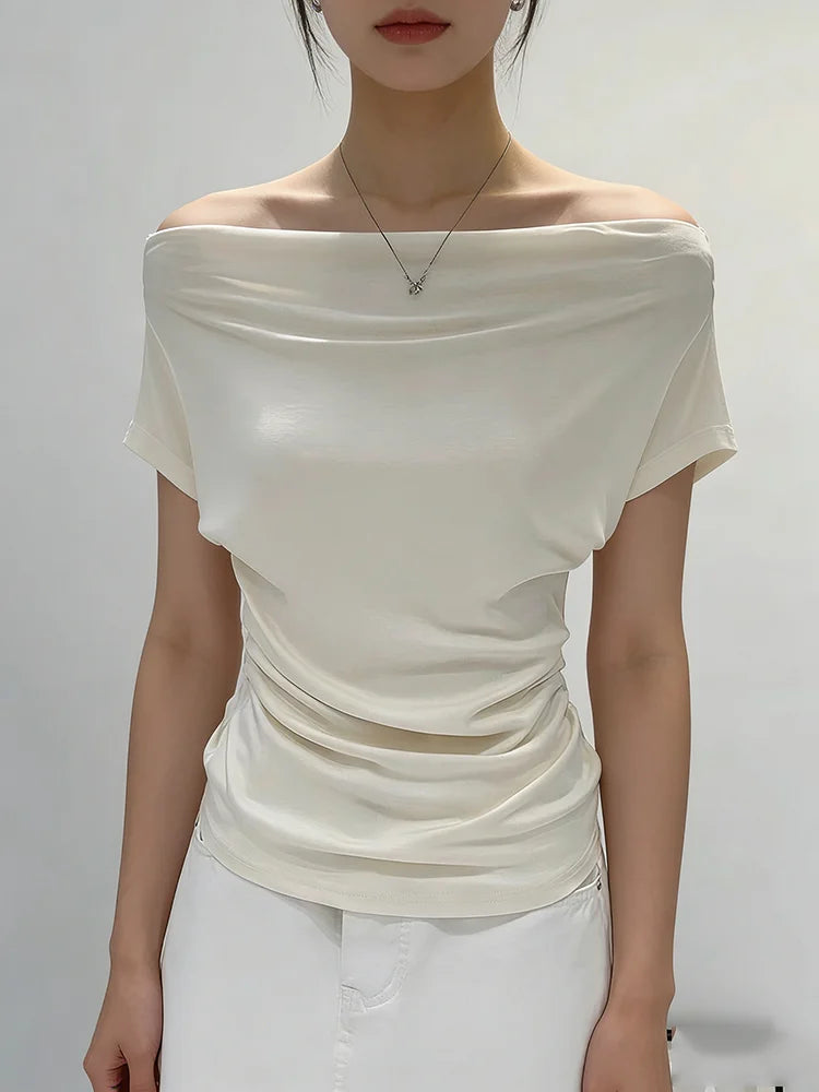 Summer One Shoulder Black Women's T-shirt Short Sleeve Korean Style Slim Fit Exposed Shoulder Top Fashionable Korean Clothing