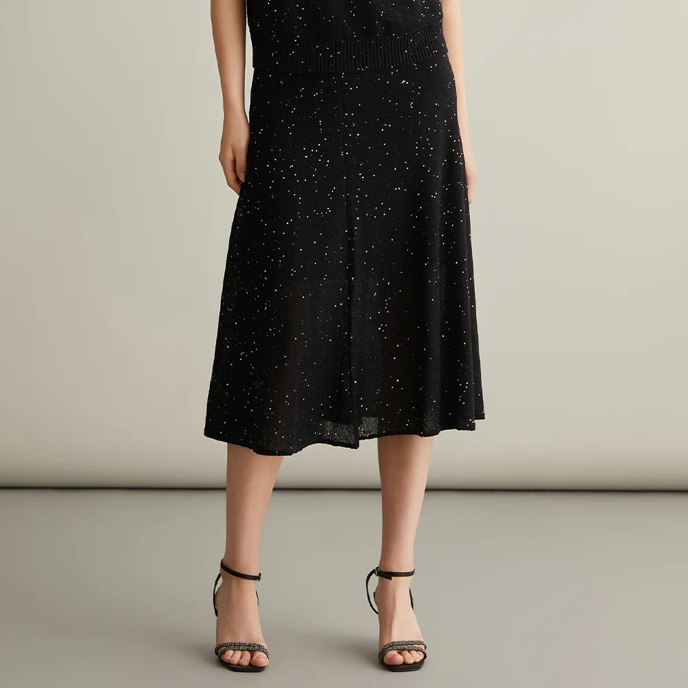 BC615 High Quality Luxury Womens Clothing Ladies Clothes Knitted Sequin Silk Linen A-line Skirts